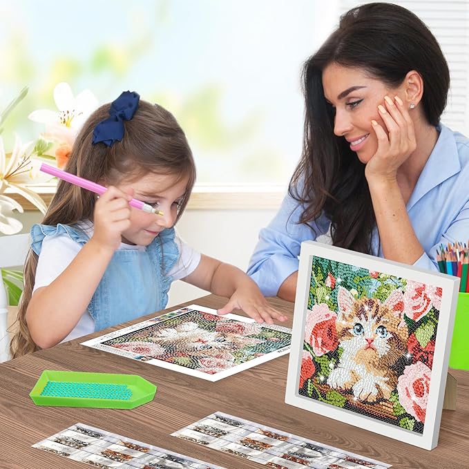 SENQAO Cat Diamond Art Kit for Adults with Frame Art and Crafts for Adults Ages 4-6-8-12 Easy to DIY Diamond Art for Adults and Adult Beginners Home Wall Decoration 7.1x7.1inch (Cat and Flower)