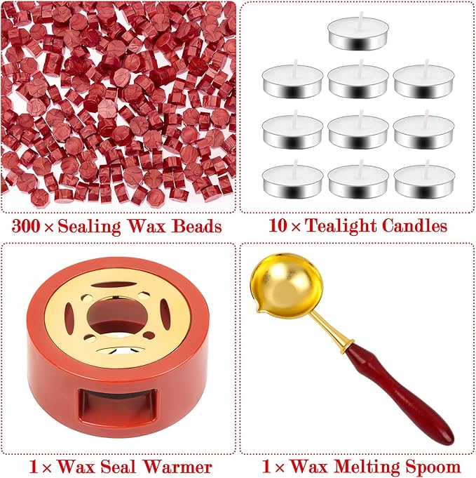 Red Wax for Letters Stamp Seals, Paxcoo 312pcs Stamp Wax Kit with Red Wax Seal Beads, Wax Seal Warmer, Wax Spoon and Tealight Candles for Wax Envelopes Mail and Wedding Invitations