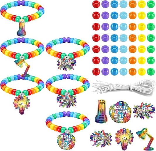 Tondiamo 24 Sets VBS 2026 Bracelet Crafts Kits Illumination Theme Bracelet Making Kit DIY Light Bulb Rainbow Bead Wristband Charms for Vacation Bible School Jewelry Making Supplies