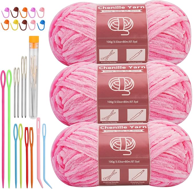LUNARM Chenille Yarn for Crocheting Knitting, 3 Skein 263 Yard Thick Soft Chunky Fluffy Weaving Plush Yarn for Blankets Clothes Pattern Creations with Big Eye Needles (Pink)