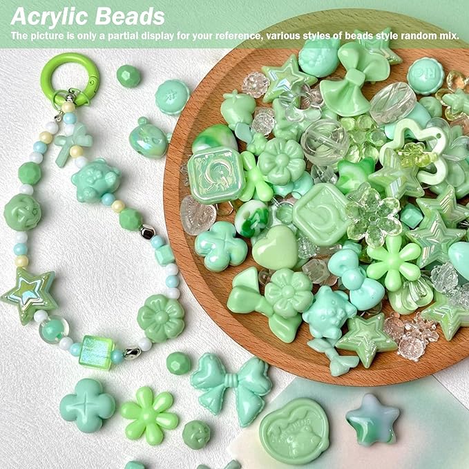 Assorted Acrylic Beads for Bracelet Making Kit, 150g Green Cute Beads for Keychain Making, Kandi Charms, Kawaii Jewelry Making, DIY Crafts