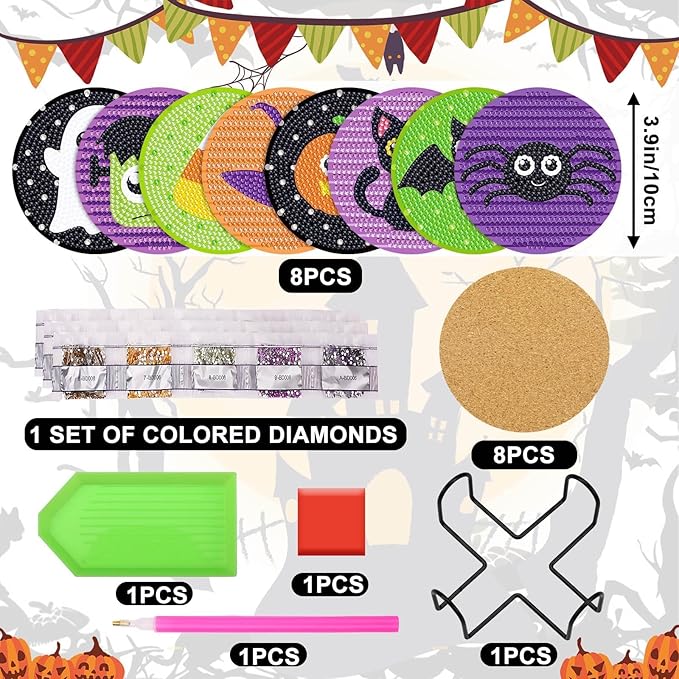 UPINS 8Pcs Halloween Diamond Art Painting Coasters Kits with Holder Diamond Art Non Slip Coaster Kits DIY with Holder Crafts for Adults Diamond Art Painting Kits Supplies