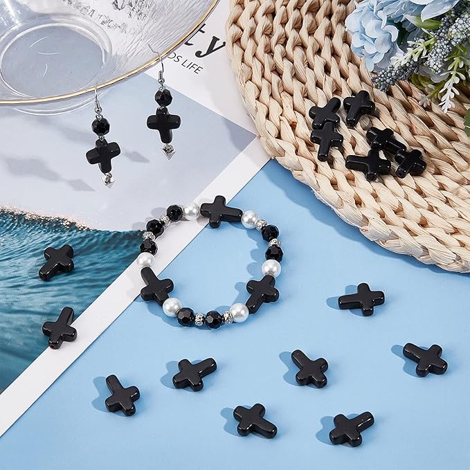 SUNNYCLUE 1 Box 40Pcs Black Cross Beads Easter Turquoise Cross Beads Bulk Mini Stone Gemstone Small Spacers for Jewelry Making Charms Rosary Beading Kit Bracelet Necklace Supplies Craft