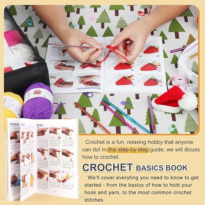 Aeelike Crochet Kit for Beginners with Yarn and Introduction Book, Crochet Starter Kit Everything Included, Learn to Crochet Kit with Ergonomic Soft Grip Crochet Hooks and Blue Flower Bag