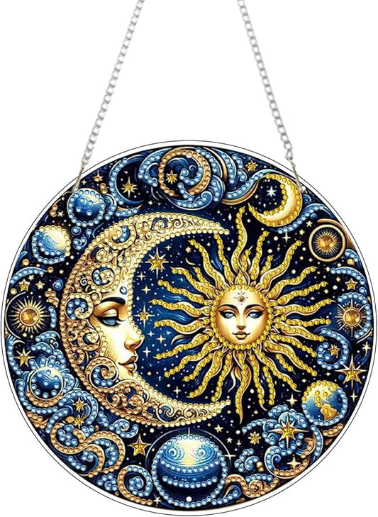 RYMILIE Sun and Moon Diamond Art Hanging Kit for Adult,Special Shaped Rhinestone,Double Sided 5D DIY Acrylic Diamond Art Painting Window Pendants Home Garden Wall Hanging Kits Hanging Ornament
