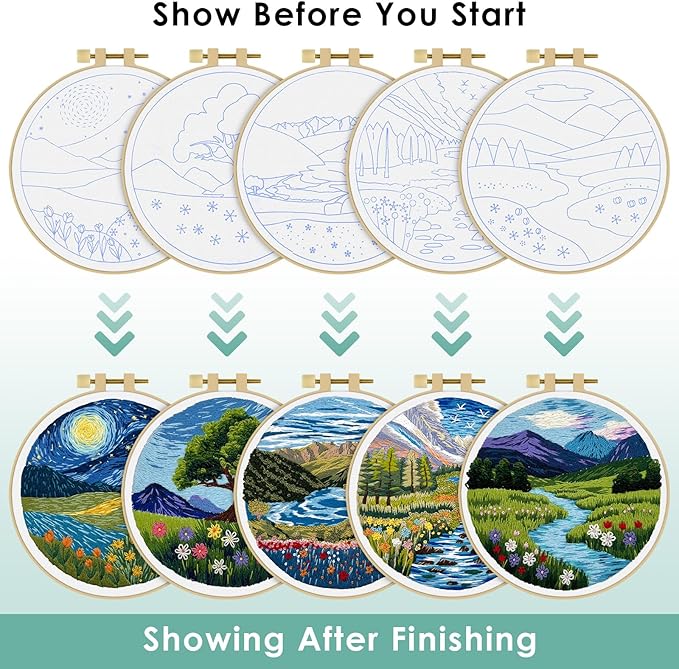 ERKOON 5 Sets Embroidery Kit for Beginners, Butterfly Cross Stitch Set for Include Embroidery Cloth Hoops Threads for Craft Lover Hand Stitch (Landscapes)