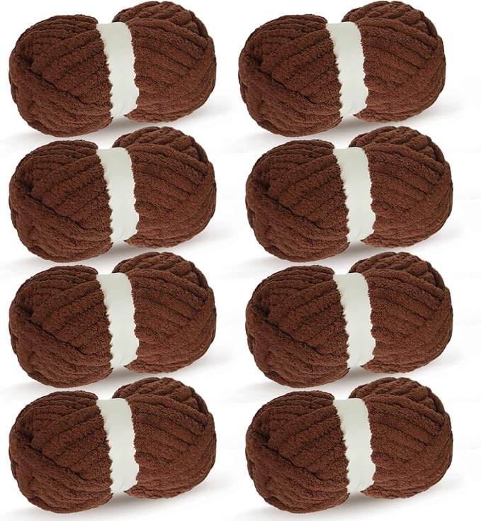 Coffee Chunky Chenille Yarn for Crocheting Bulky Thick Fluffy Yarn for Knitting,Super Bulky Hand Blanket, Soft Plush Yarn Crochet Carpet/Scarf/Cushion/ 8 Jumbo Pack(63.76oz/197.68yd