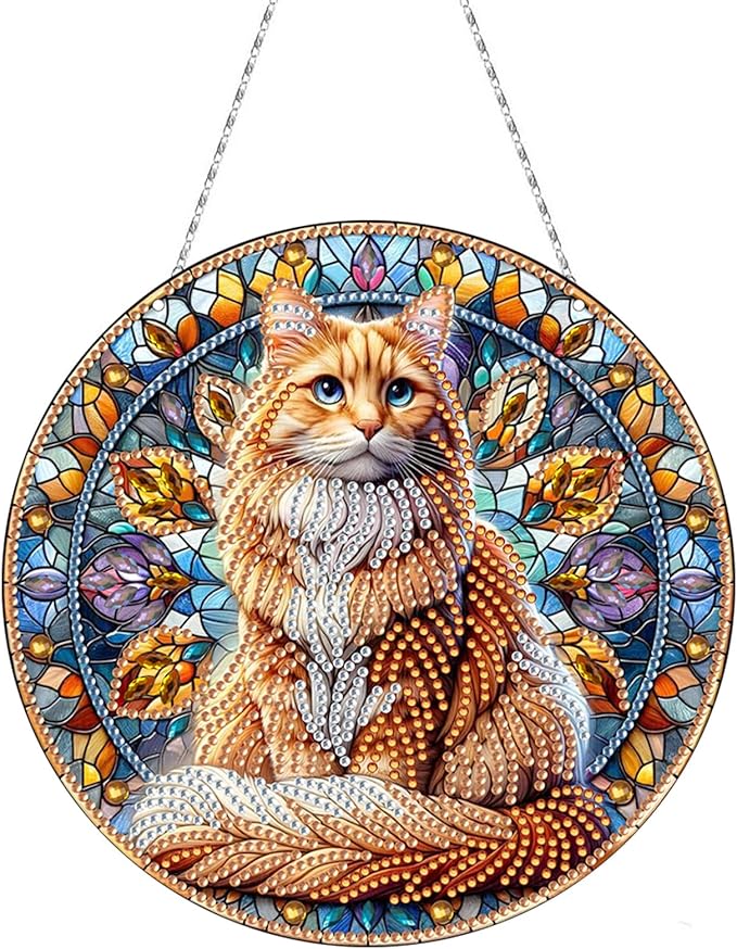 Generic DIY Hanging Diamond Pendant Special Shaped Crystal Diamond Art Painting Ornament Single Sided for Window Home Garden Wall Door Decor-Orange Cat