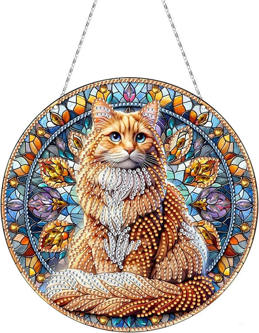 Generic DIY Hanging Diamond Pendant Special Shaped Crystal Diamond Art Painting Ornament Single Sided for Window Home Garden Wall Door Decor-Orange Cat