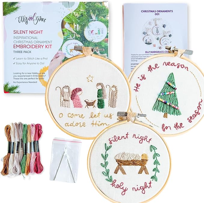 elly & grace christian embroidery kit with embroidery hoop, easy embroidery kit for beginners and adults, full embroidery hoop kit with needles and thread included (silent night)