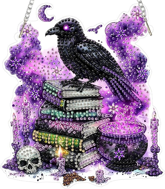 SENQAO Halloween Diamond Art Hanging Kits for Adults Beginners, DIY Acrylic 5D Special Shaped Crystal Diamond Gem Art Painting Hanging Ornament for Home Wall Decor and Gift（Crow Book Skull）
