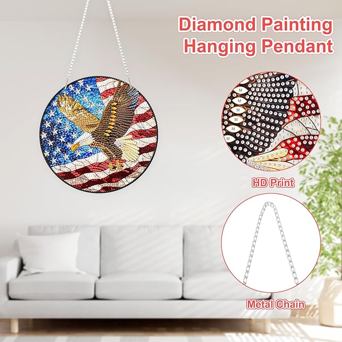 TOSTOG Eagle Diamond Art Hanging Kits for Adults, Flag Eagle Diamond Painting for Adults Window Pendant,Special Shape Diamonds Diamond Painting Hanging Pendant Kit for Wall Home Decor Gift