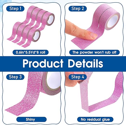 Pink Glitter Washi Tape, 8 Rolls Crafting Tape Pink Painters Adhesive Tape Glitter Tape for Crafts Glitter Border Masking Tape for Festival Decoration Scrapbooking Holiday Gift Wrapping 0.6 Inch