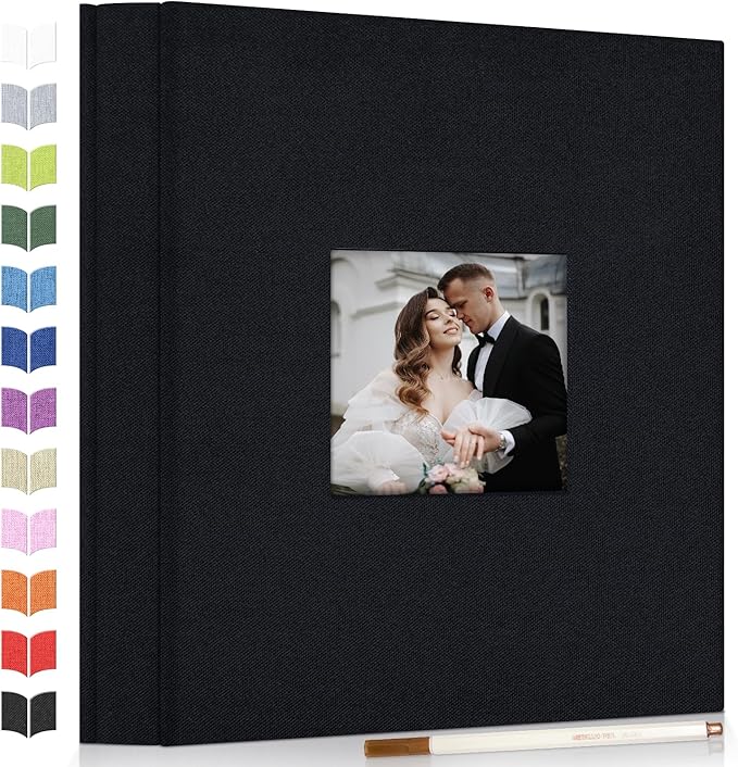 Photo Album Self Adhesive Scrapbook Album for 3x5 4x6 5x7 8x10 Pictures, 60 Pages Linen Cover with Display Window DIY Photo Book,Ideal Gifts for Family Travel Wedding Baby