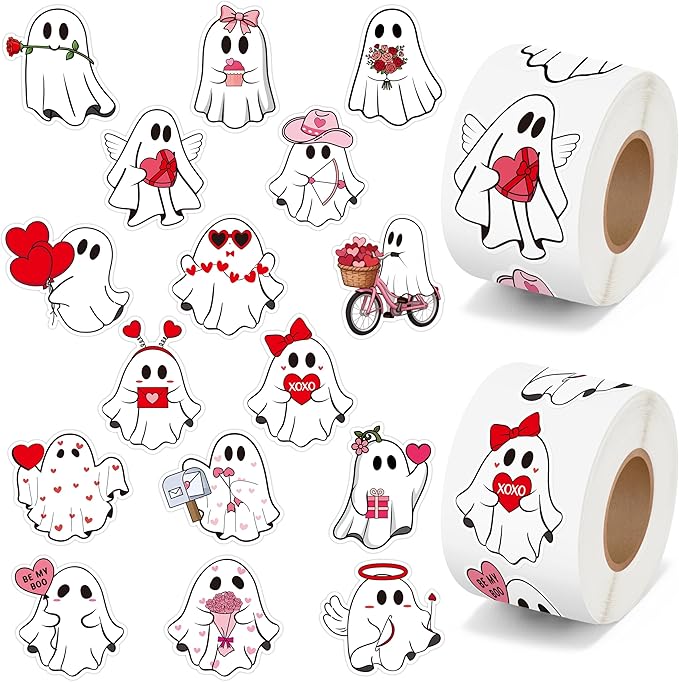 h1vojoxo valentine's day sticker rolls - 1000pcs valentine’s day ghost stickers 16 designs pink red cute ghost label tag seal stickers for kids craft envelope water bottle valentines party supplies