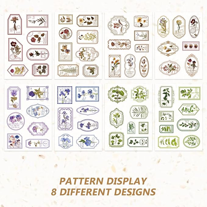 120 Pcs Flowers Stamp Stickers, Vintage Aesthetic Scrapbook Supplies for Junk Journal Bullet Therapy Planner Laptops Card Making Supplies