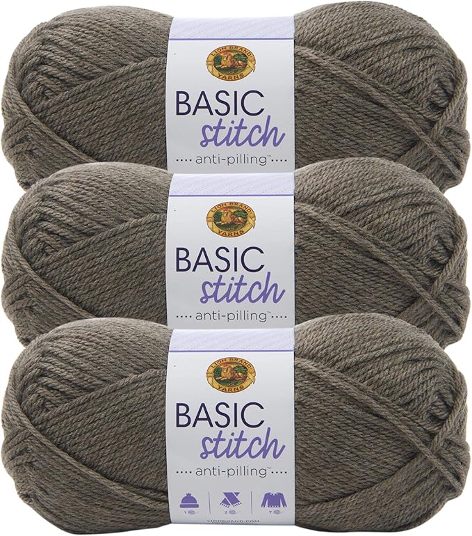 Lion Brand Yarn Basic Stitch Anti-Pilling Yarn for Crocheting, Knitting, and Crafts, Taupe Heather, 3 Pack