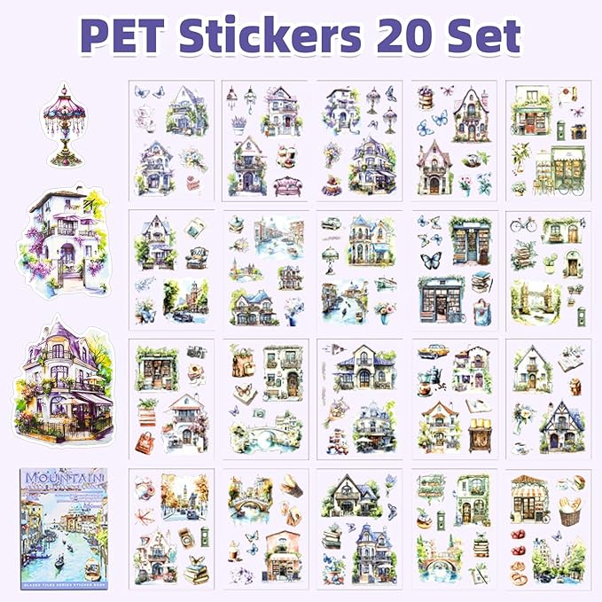Water Mountain House Sticker Scrapbooking Supplies for Junk Journal, 20 Sheets PET Stickers - Vintage Journaling Stickers, Ephemera Sticker Book Pre Cut(TZ-009-004)