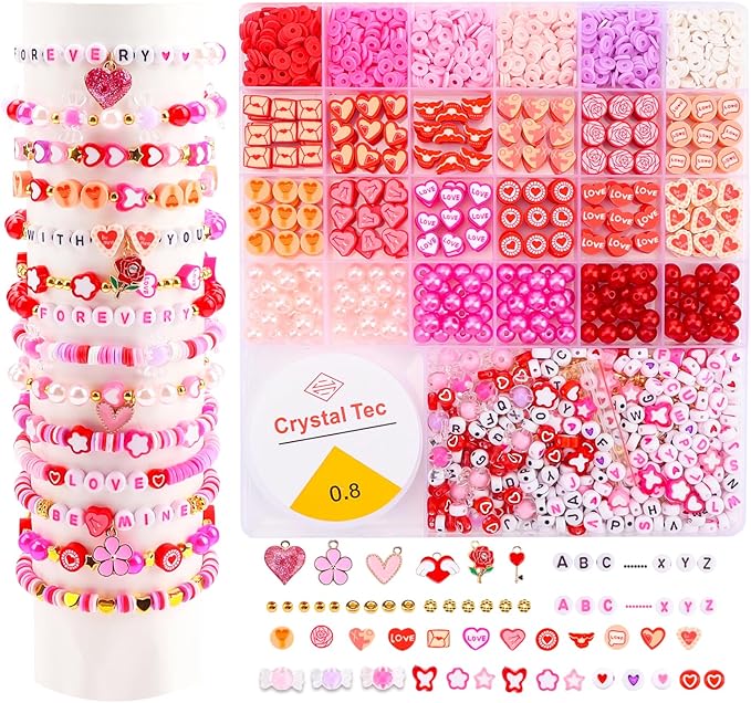 HSONAIGEE Valentine Beads Bracelet Making Kit, Assorted Valentine's Day Bead Pink Beads Polymer Clay Bead Heart Bead Charms for Jewelry Necklace Earring Making DIY Crafts