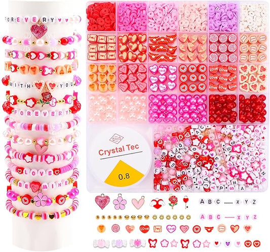 HSONAIGEE Valentine Beads Bracelet Making Kit, Assorted Valentine's Day Bead Pink Beads Polymer Clay Bead Heart Bead Charms for Jewelry Necklace Earring Making DIY Crafts