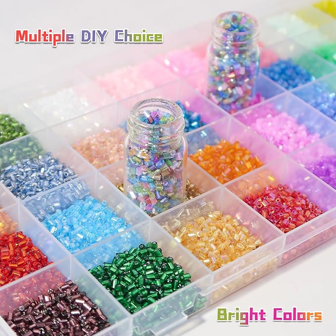 EuTengHao 19200Pcs Tube Beads Kit 3mm Glass Bugle Seed Beads for Jewelry Making Embroidery & Home Decor (32 Vibrant Color)