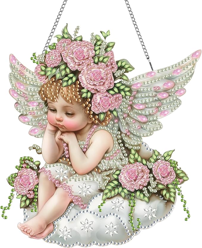 Kaliosy Sun Catcher Angel Window Hanging Ornament - Outdoor Porch Decor, Flowers Themed Diamond Art Ornament, Acrylic Board Diamond Painting for Wall Home Garden, Front Door Sign, Indoor Decor 8x8inch