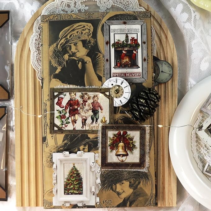 CATaireen Vintage Junk Journal Items Kit Pre Cut Paper Cards Cutout Cardstock Art Aesthetic Decor Hollow Out Craft Elements Small Embellishments Supplies for Adults Scrapbook Pack (Photo Frame White)