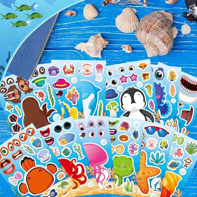 24 sheets ocean animal stickers for kids, make a face sticker, make your own sea animal stickers for kids activities supplies crafts, ocean sea party favors