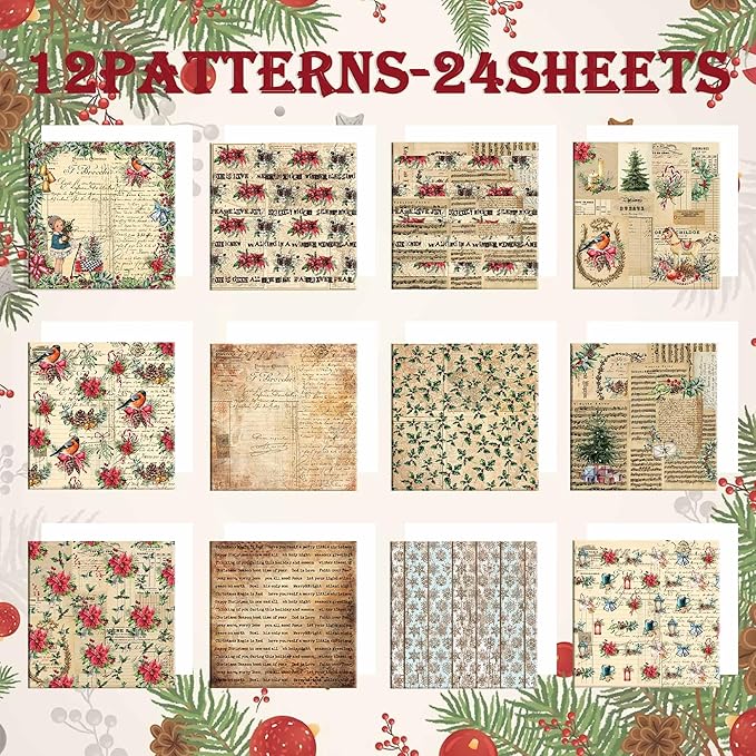 Christmas Pattern Scrapbook Paper, 6 Inch Card Production Supplies, 24 Sheets Single Sided Acid-Free Cardstock Greeting Card, Handmade Gift Journaling Craft Kits (E-style)
