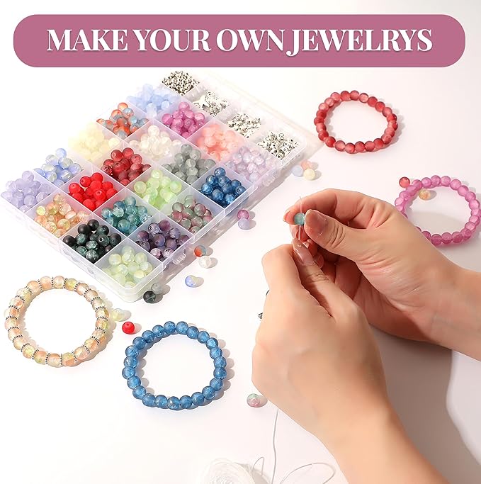 690pcs Frosted Lunar Glass Beads for Bracelets Making, 24 Colors Crystal Beads with Accessories Jewelry Making Kit, 8mm Round Coloured Glaze Beads for DIY Bracelet Crafts, Gifts for Beginners Men