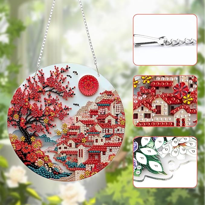 Lxmsja DIY Chinese Village Diamond Painting Hanging Ornament, Double-Sided Acrylic Red Blossoms Diamond Art Kit, Special Shaped Suncatcher Hanging Pendant Window Art Kit