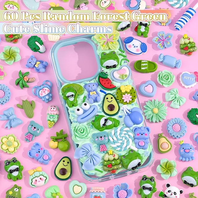 60PCS Green Slime Charms Cute Flatback Resin Charms for Slime, Random Kawaii Decoden Charm for Embellishments Phone Junk Case Charms Bulk, Hairpins Scrapbooking Crafting & DIY Decoration