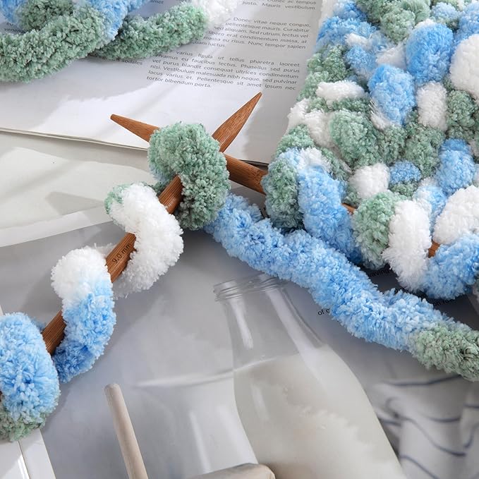 HOMBYS Chunky Tie Dye Mix Chenille Yarn for Hand Knitting, Super Bulky Jumbo Yarn for Crocheting, 3/4" Thick Soft Plush Yarn for Blankets, 8 Skein Pack (26 yds / 7.5 oz Each) Sky Blue,Green,White