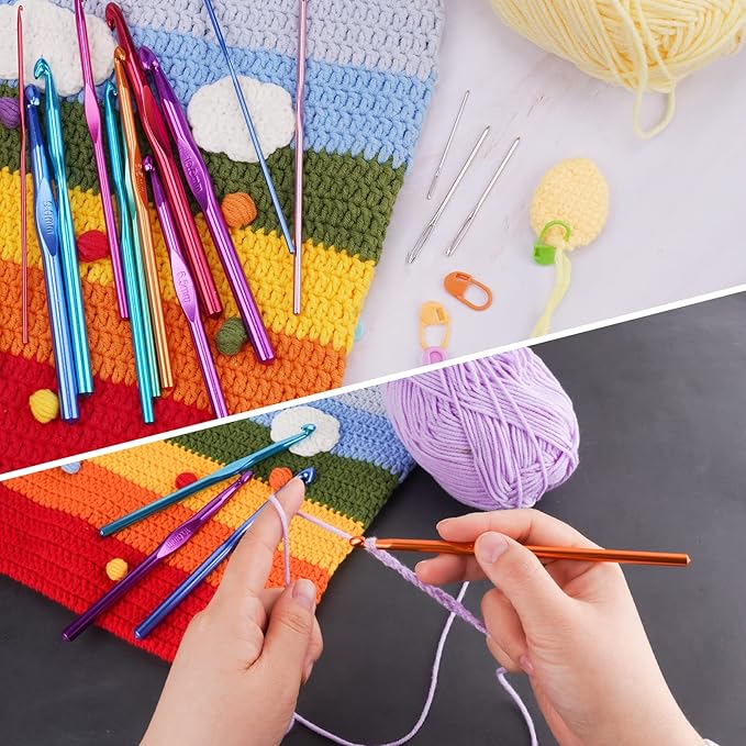 14 Sizes Crochet Hooks Set Multi-Color Metallic Plated, Tomorotec Art Aluminum Knitting Needles for Yarn Craft Set with Stitch Markers and Big Eye Needles