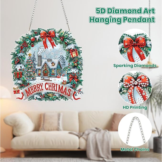 MOGTAA Christmas Diamond Art Hanging Kits for Adults Kids, Christmas Wreath Diamond Art Suncatchers, 5D Special Shape Winter Diamond Painting Window Pendant Kit for Home Garden Wall Decor