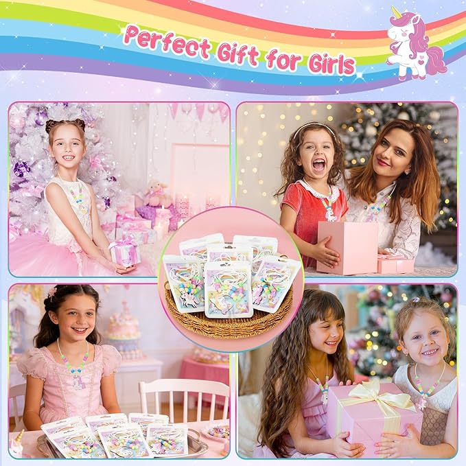 Bafeil 24 Set Unicorn Crafts Jewelry Necklace Making Kit, Wood Unicorn Charms with Pony Beads DIY Set for Arts and Crafts, Dress up, Birthday Party Favors, Gifts, Goodie Bag Stuffers, Group Prizes