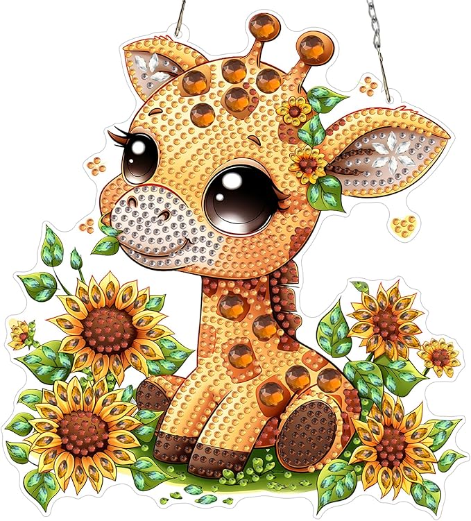 MXJSUA Giraffe Sunflowers Diamond Art Hanging Kits for Adults Beginners, DIY Acrylic Special Shaped Crystal Diamond Gem Drills Pendant Art Painting Ornament for Home Wall Decor Gift