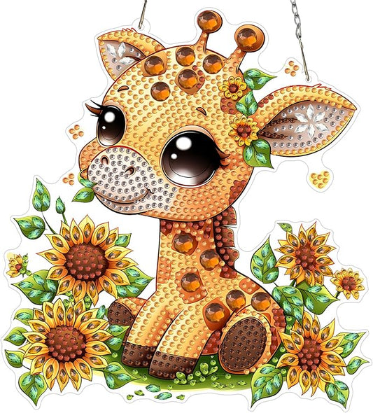 MXJSUA Giraffe Sunflowers Diamond Art Hanging Kits for Adults Beginners, DIY Acrylic Special Shaped Crystal Diamond Gem Drills Pendant Art Painting Ornament for Home Wall Decor Gift