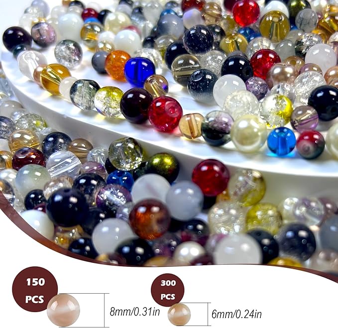 450pcs Glass Beads for Jewelry Making, 6/8mm Assorted Crystal Loose Beads, Brown Series Round Spacer Bead Kit for Bracelet Necklace DIY Craft