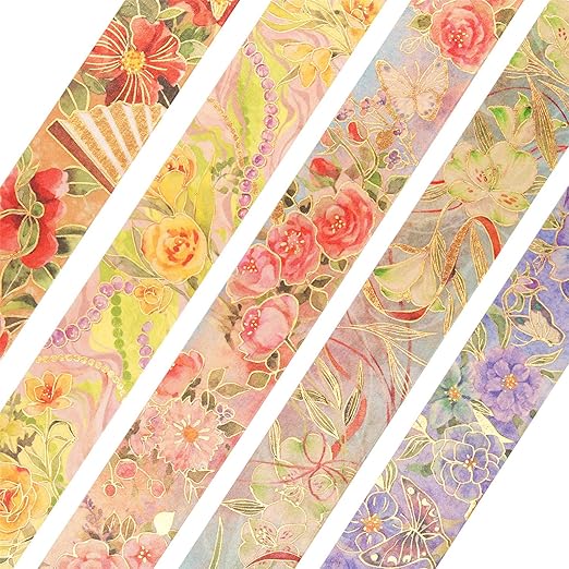 YUBBAEX Blooming Washi Tape Set Gold Foil Masking Tape Peony Wide Decorative for Arts, DIY Crafts, Journal Supplies, Planners, Scrapbook, Card/Gift Wrapping -25mm- (Red Flowers)