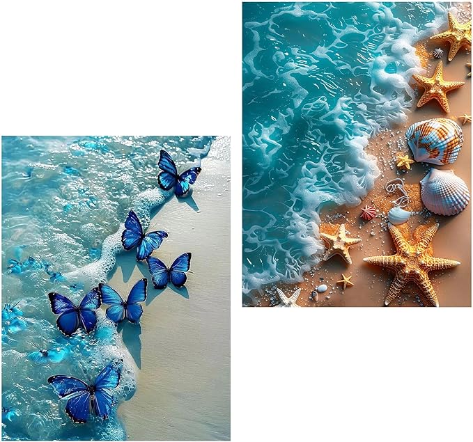 Meothan Diamond Art Kits for Adults, 2 Pack Diamond Painting Kits for Adults, 5D Full Drill Round Paint Diamond Dots Gems Art Crafts Painting Kits for Home Wall Decor 12x16Inch (Beach)