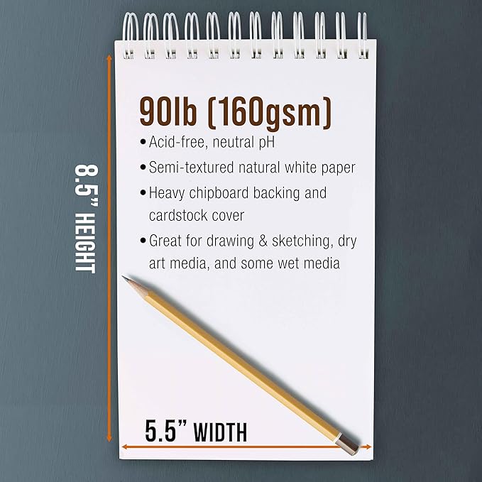 u.s. art supply 5.5”x8.5 premium heavy-weight paper spiral bound sketch book: 90 pound (160gsm), 30-sheet drawing pad (2 pack)