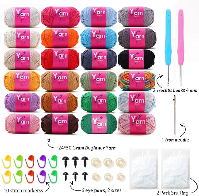 24 Pack Crochet Yarn Beginner - Black White Orange Red Green Rainbow Pink Cotton Chunky Yarn - with Easy-to-See Stitches Beginner Yarn for Crocheting - Amigurumi Yarn Set
