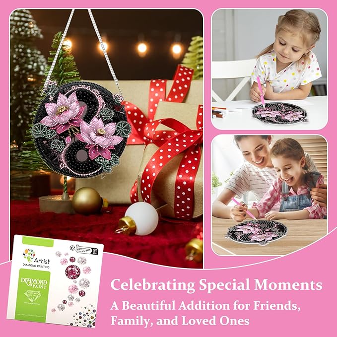 Lxmsja DIY Yin Yang Diamond Painting Hanging Ornament, Double-Sided Acrylic Lotus Flower Diamond Art Kit, Special Shaped Suncatcher Hanging Pendant Window Art Kit 8x8 inch