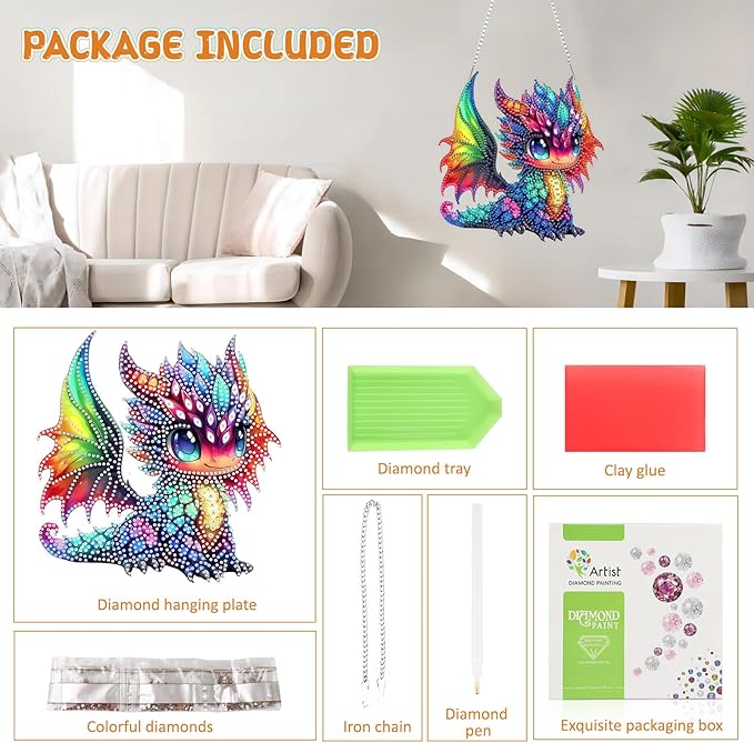 RICUVED Hanging Diamond Art Painting Kit, Special Shaped Crystal Gem Diamond Painting Pendant Kit for Adults Beginners, DIY Colorful Dragon Hanging Diamond Art Ornament Kit for Home Garden Wall Decor