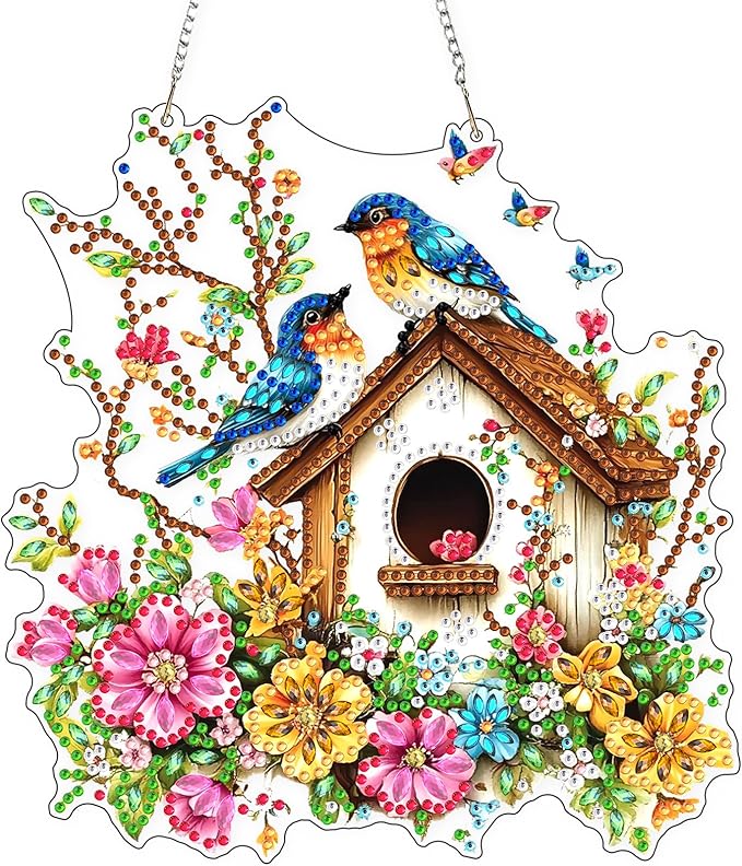 Lxmsja DIY Colorful Birdhouse Diamond Painting Hanging Ornament, Double-Sided Acrylic Flowers Branches Diamond Art Kit, Special Shaped Suncatcher Hanging Pendant Window Art Kit 8x7 inch