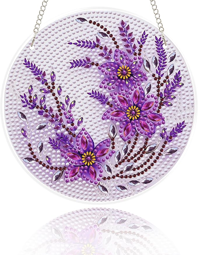 Eiflow Glass Diamond Art Hanging Kit for Adults, DIY Diamonds Painting Door Hanging Board Kit, Special Crystal Diamond Art Painting Pendant Ornament (Purple Flower)