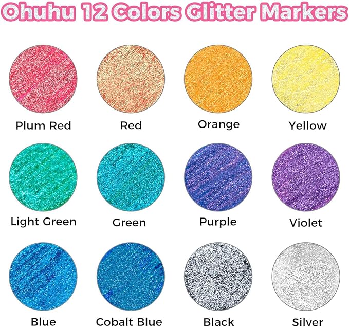 Ohuhu Glitter Markers Pen: 12 Glitter Colors Metallic Shimmer Marker Round Tip Water-based Ink for Kids Adults DIY Crafts Greeting Birthday Cards Making Mugs Wood Medium Tip 3.0mm