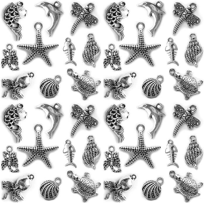 Heather's cf Silver Sea Charms – Antique Pendants, Non-Tarnish, Lead-Free & Nickel-Free, Bulk Ocean Animal Charms for DIY Jewelry, Bracelets, Necklaces, Earrings, Beach Craft Supplies (Sea Animals)