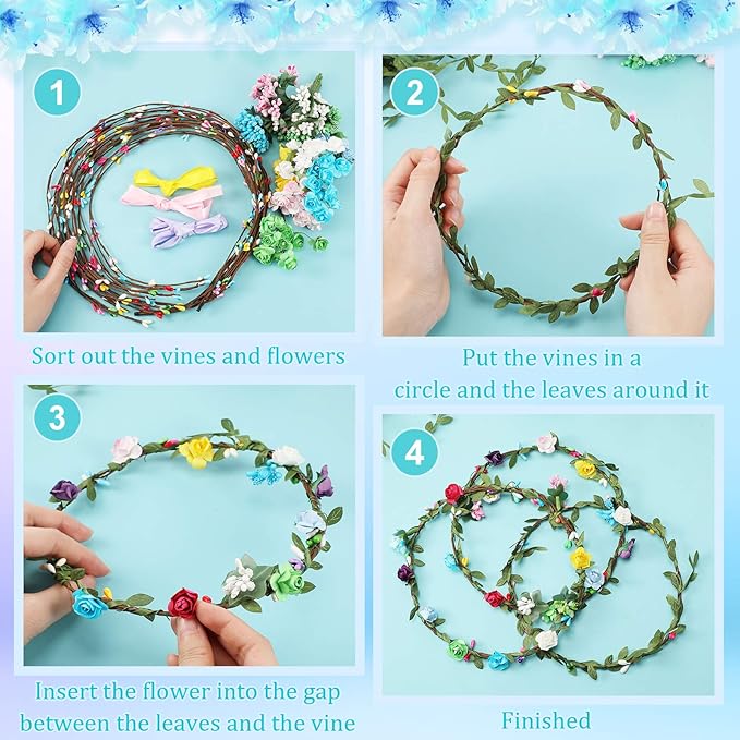 Syhood 20 Sets Flower Crowns Making Kit, Make Your Own Flower Crown Wreath Headbands and Bracelets Craft Kit Hair Accessories Handmade DIY Floral Garland Presents for Adults Women